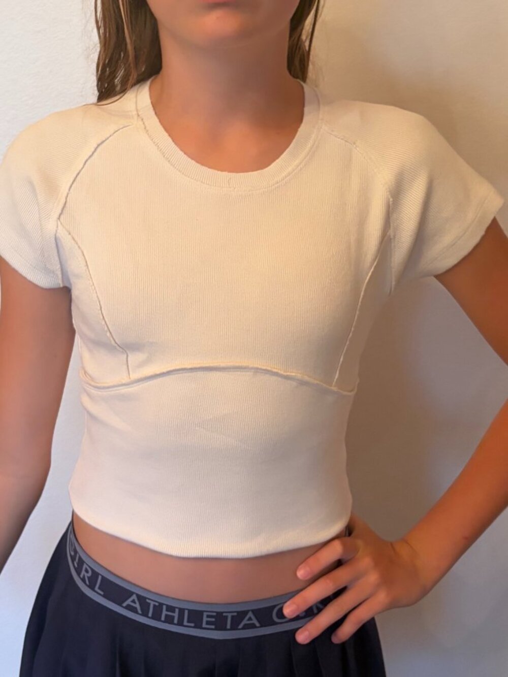 Tenly White Ribbed Cropped Top Girls Large Y2K Fitted Baby Tee